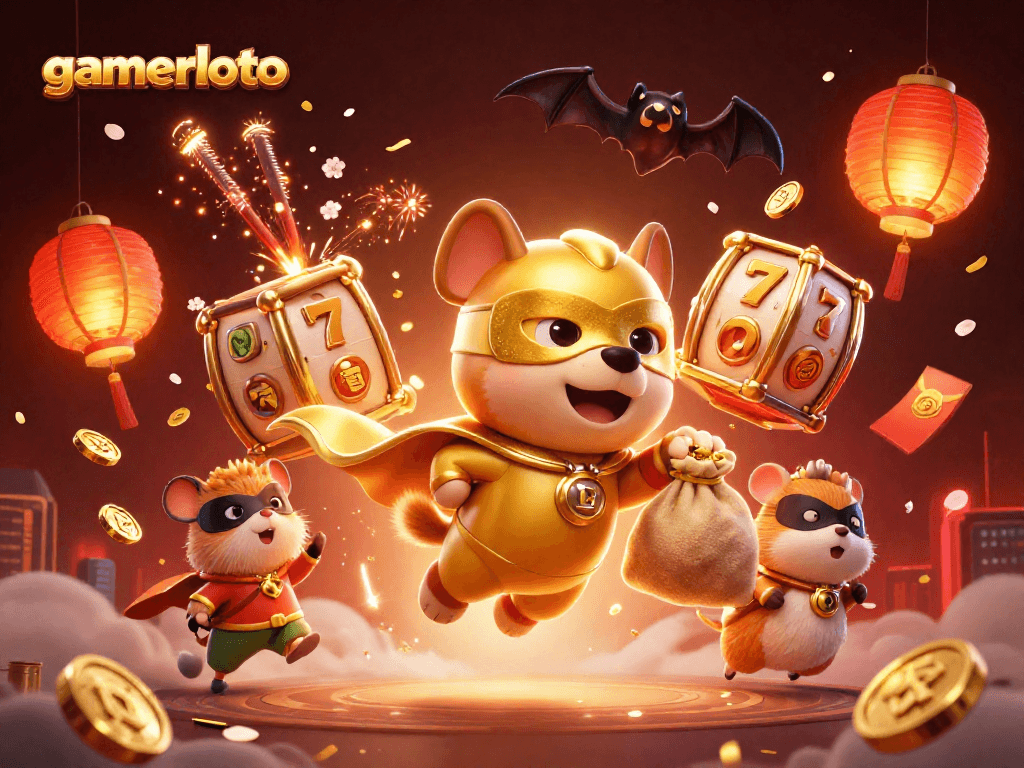 gamerloto: 3D superhero dog in action, flying with gold coins amidst vibrant casino-themed elements.