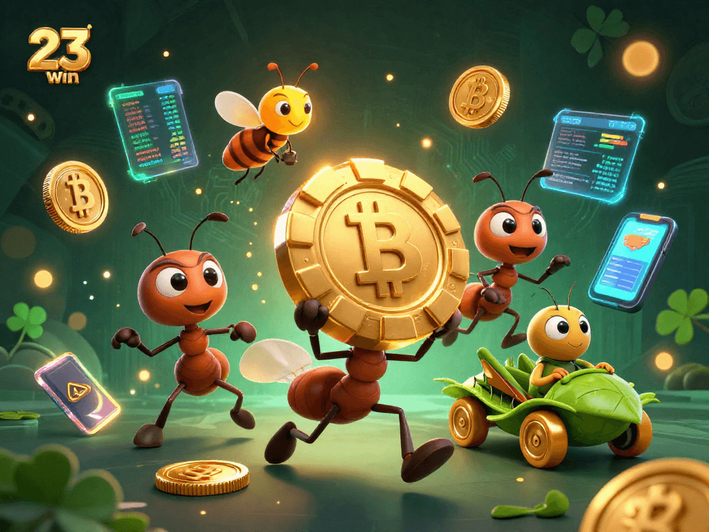 Experience thrilling action with 23win as ants heist golden poker chip in a vibrant casino scene.