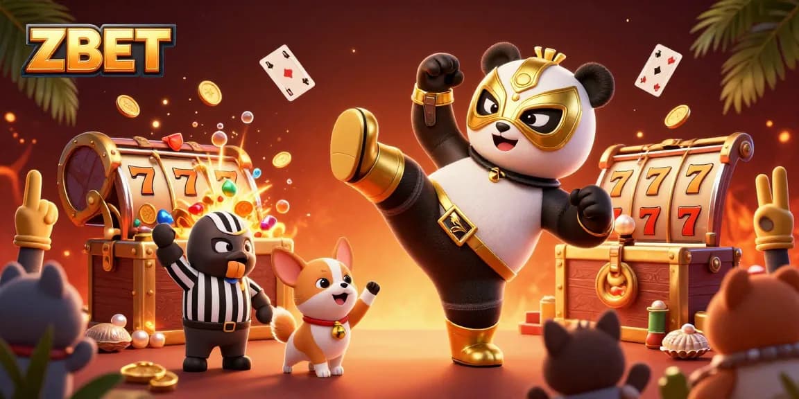 ZBET brings excitement as a panda wrestler delivers a flying kick, surrounded by slot elements and cheering animals, in a vibrant atmosphere.