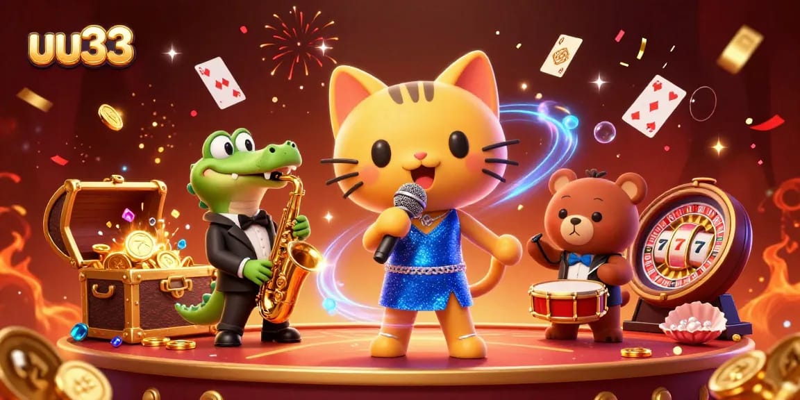 Engage with exciting casino fun at uu33 featuring vibrant characters and confetti.