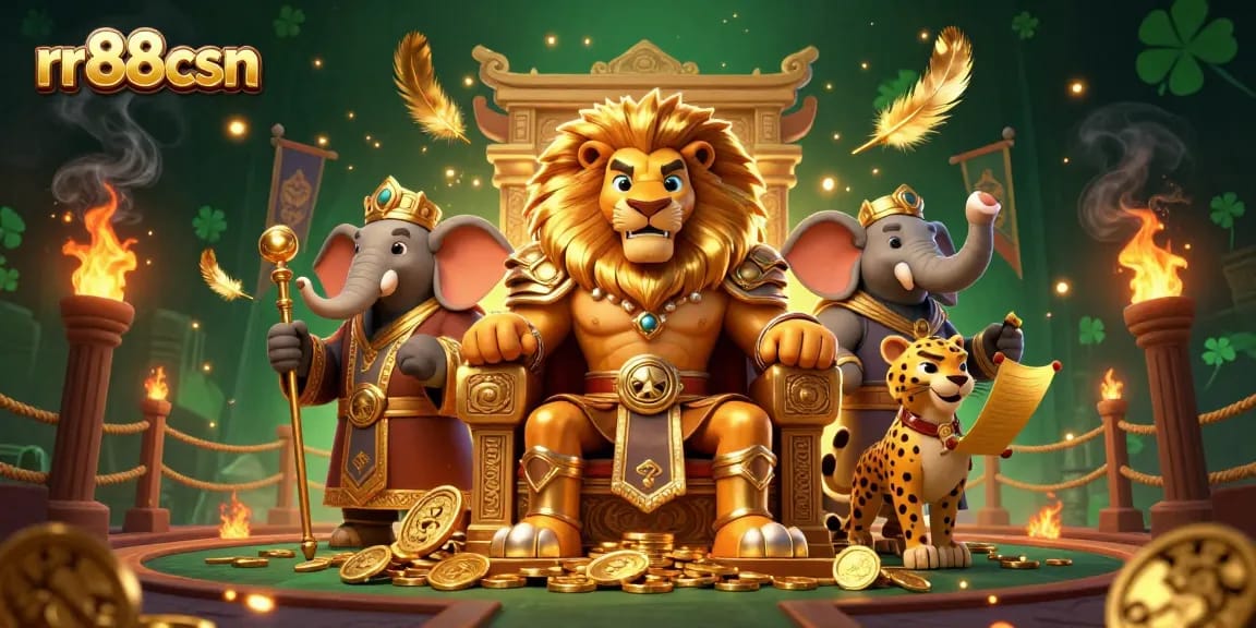 Engage in thrilling bets at rr88csn with a vibrant casino scene showcasing a lion king and dynamic characters.