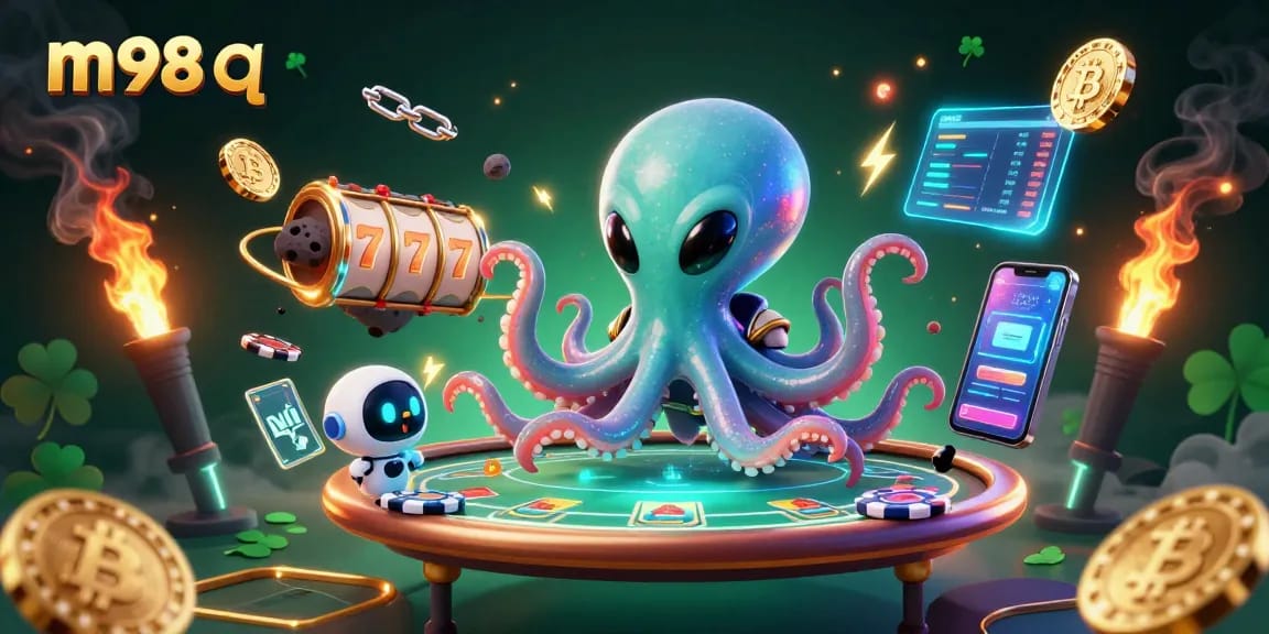 Engage in gameplay with the m98 q poker scene featuring an alien octopus and crypto elements.