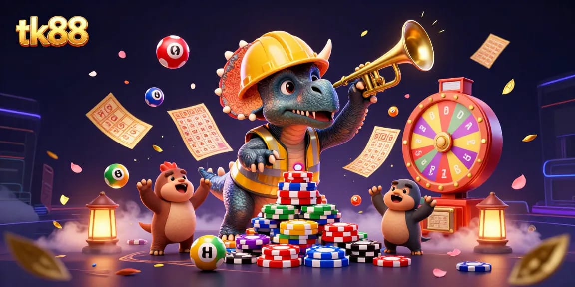Exciting tk88 casino illustration of a triceratops building poker chips, surrounded by dynamic lottery elements.