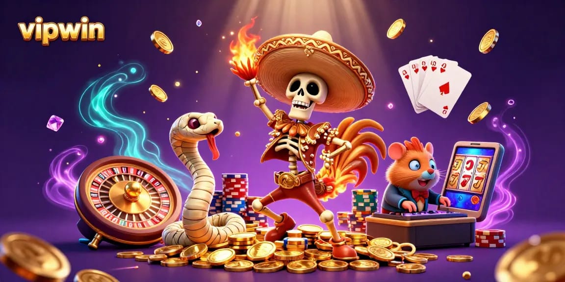 Experience the thrill at vipwin with our dynamic casino scene featuring vibrant characters, coins, and games.