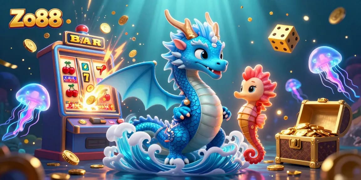 Experience thrilling wins at Zo88 with vibrant casino elements and magical underwater characters.
