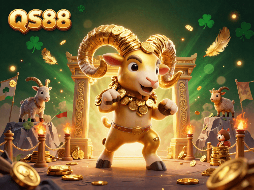 Experience thrilling gameplay at QS88 with a golden ram charging towards victory, surrounded by casino excitement.