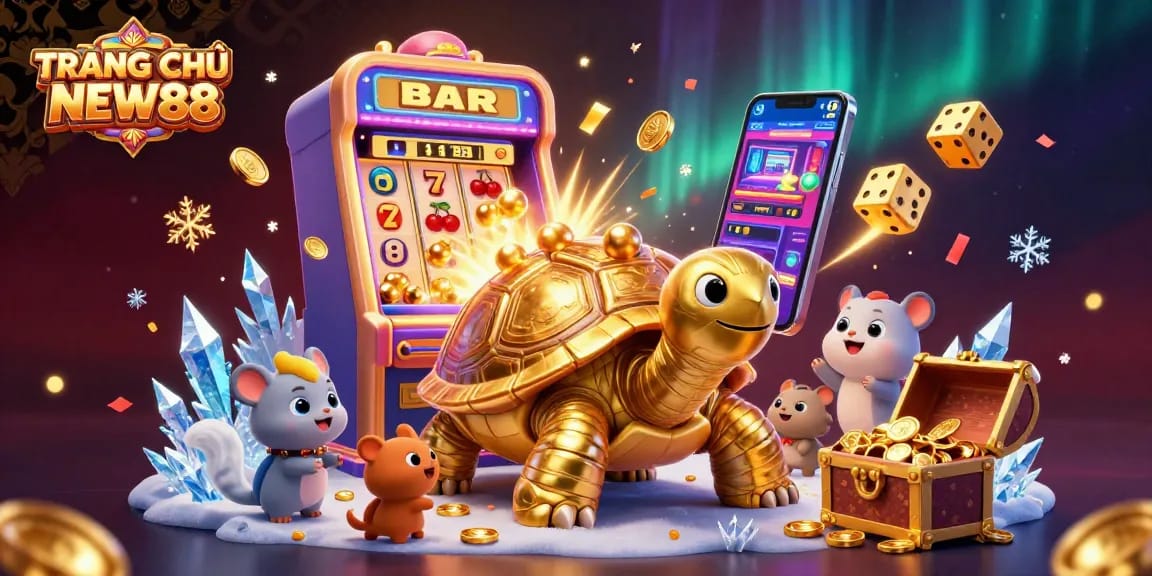 Experience TRANG CHỦ NEW88's vibrant casino atmosphere with a golden tortoise pinball machine scene.