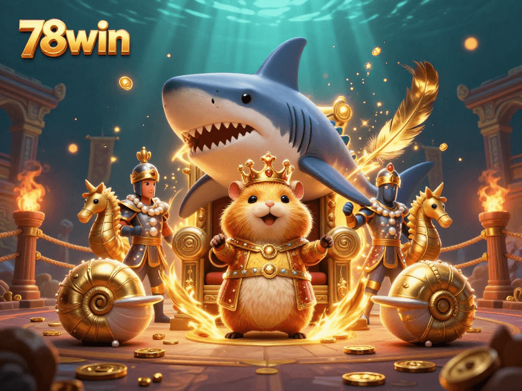 Experience the excitement of 78win's vibrant casino world, featuring a fierce golden hamster king and royal seahorse guards.