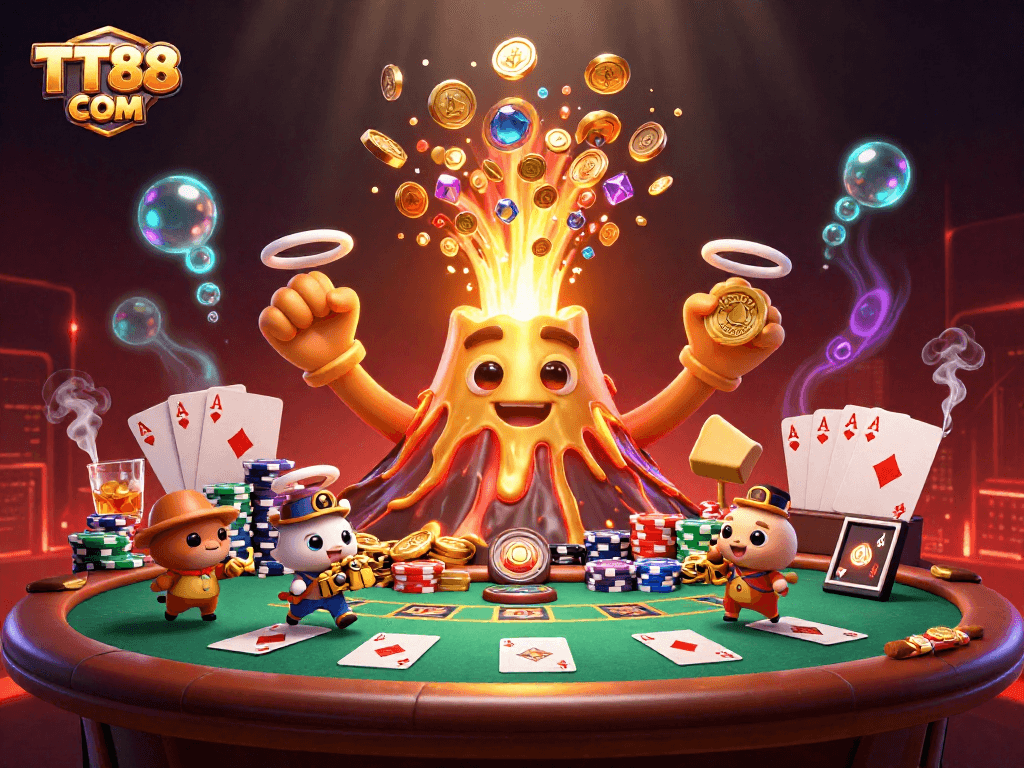 Win big with the thrilling TT88 COM casino scene featuring a triumphant volcano and poker elements.
