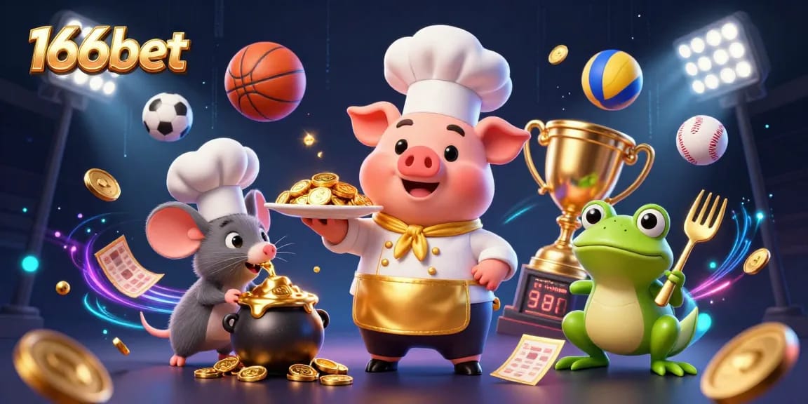 166bet chefs serving gold coins among sports balls in a lively casino scene.