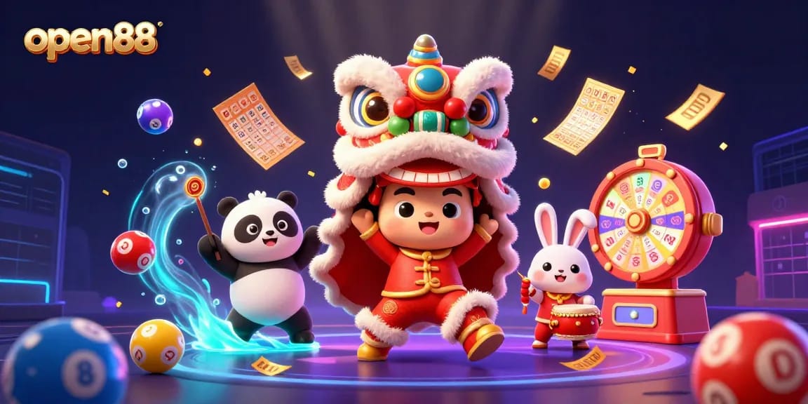 Experience vibrant lottery excitement with open88's dynamic scene showcasing exciting game elements and characters.
