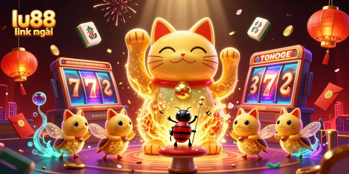 Engage with the vivid lu88 link mới scene featuring a lucky cat and rich casino symbols.