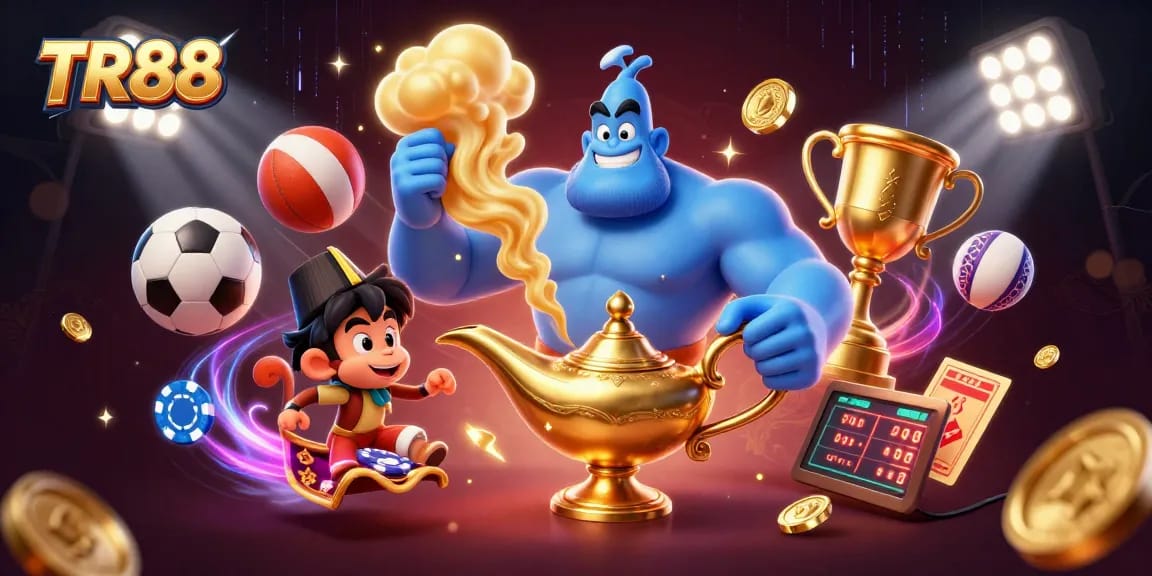 Win big at TR88 with a vibrant 3D scene featuring a genie, monkey, and flying poker chips.