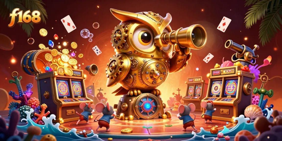 Win big at f168 with a vibrant 3D casino scene showcasing dynamic golden owl and lively gameplay elements.