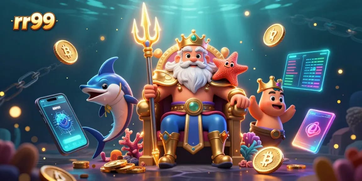 Win big with rr99 as Neptune oversees an underwater casino scene filled with treasures and cryptocurrency.