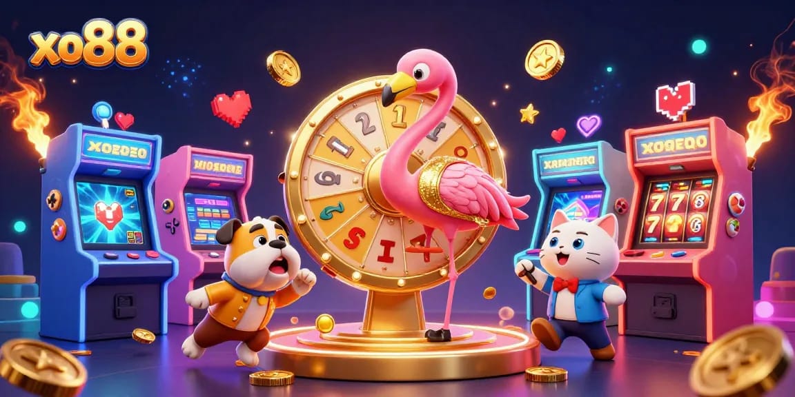 Engage in thrilling gaming with xo88's vibrant 3D illustration featuring prizes and excitement.