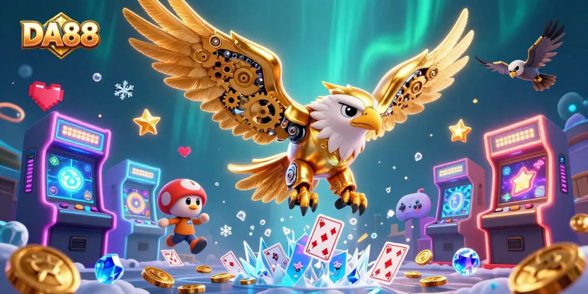 Experience thrilling gameplay with DA88's vibrant 3D casino illustration showcasing excitement and color.