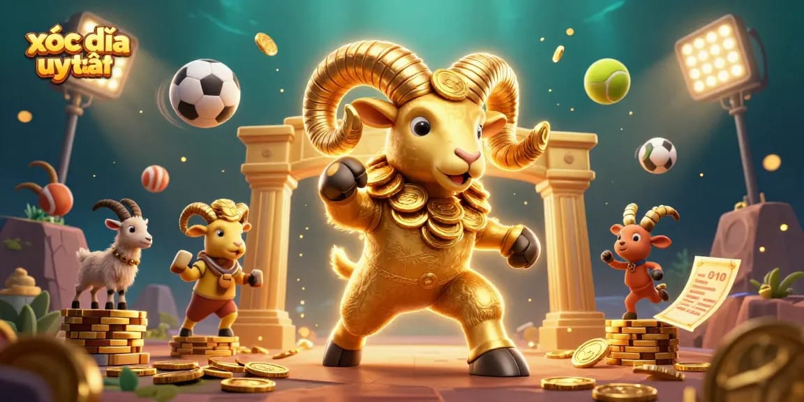 Experience xóc đĩa uy tín with a massive ram charging through a golden gate surrounded by vibrant sports elements.