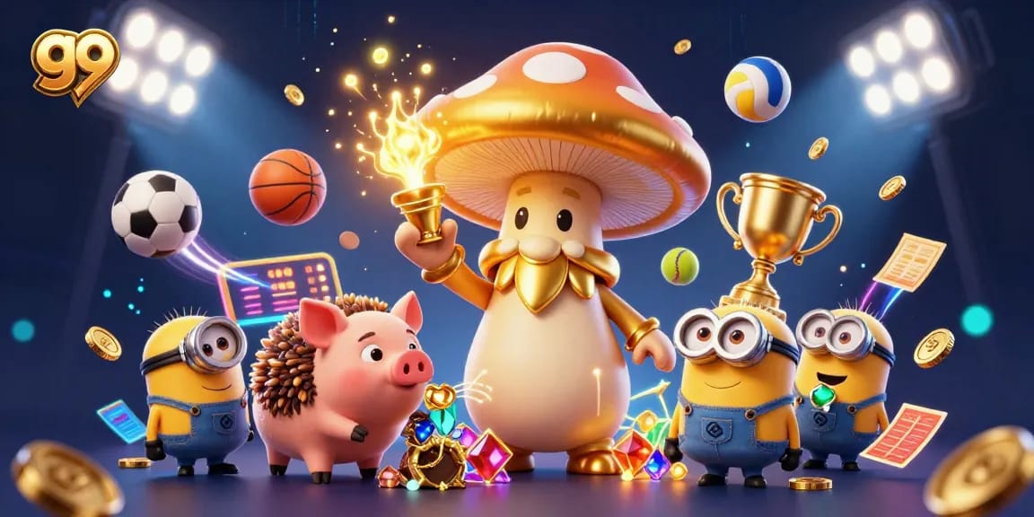 Bet on exciting sports with go 99's dynamic golden wizard and treasures in a vivid casino illustration.
