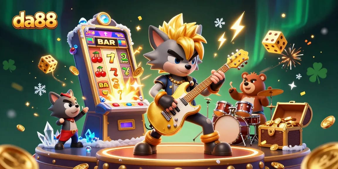 Experience the thrill of da88 with a vibrant casino scene featuring a rock star wolf and exciting jackpots.