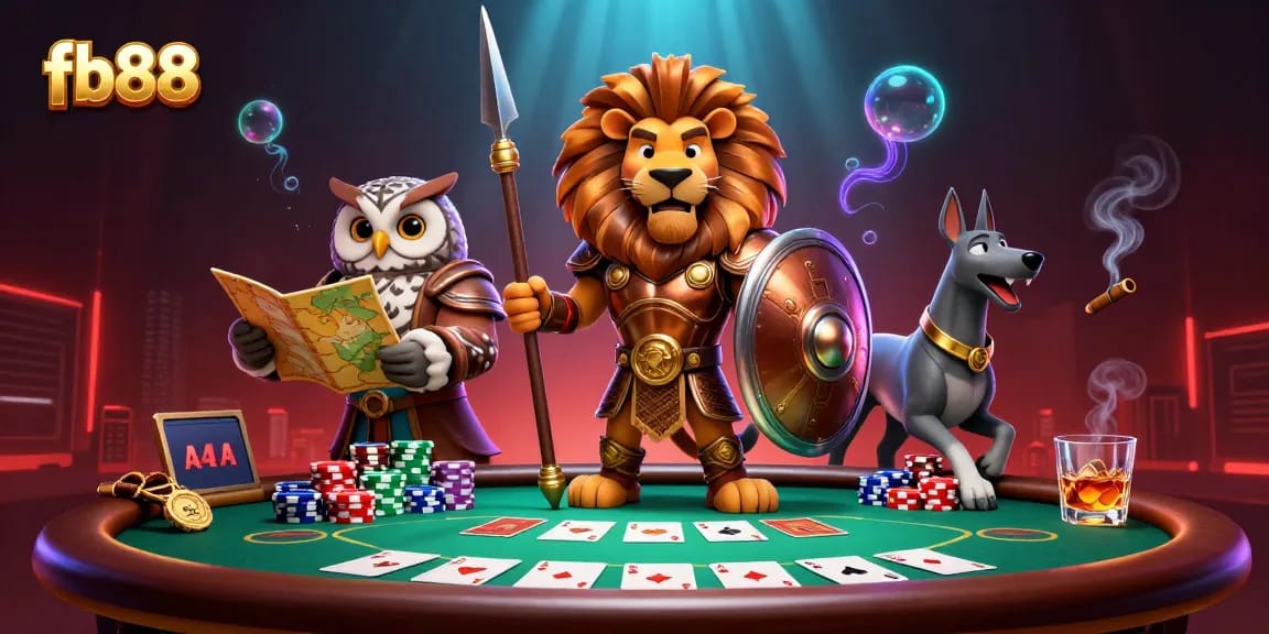 Engage with fb88 in a vibrant 3D casino scene featuring poker and animated characters.