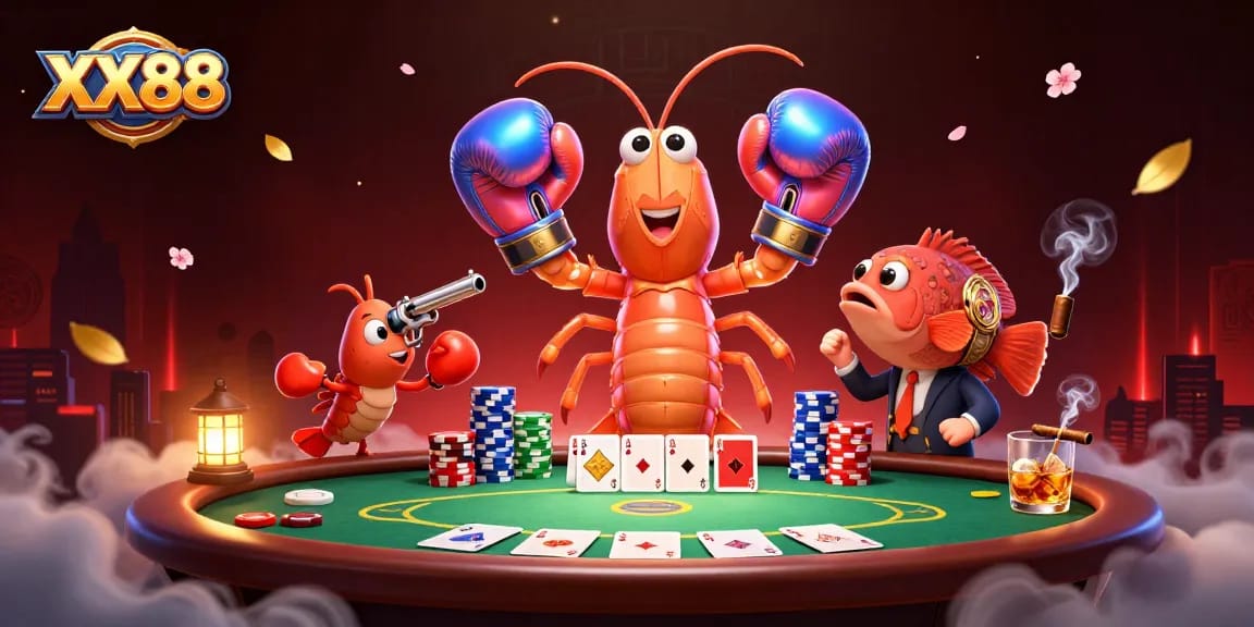 Engage in thrilling poker games with XX88 at a vibrant digital casino featuring 3D characters.