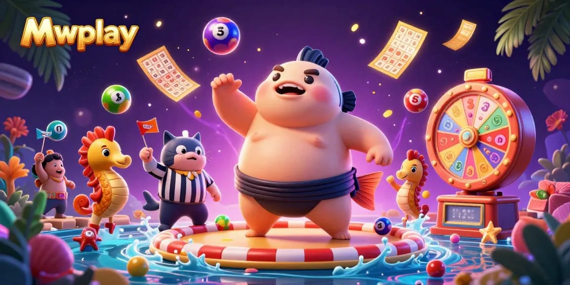 Mwplay presents a lively underwater scene featuring a giant fugu, referee catfish, and seahorse fans, surrounded by dynamic casino elements.