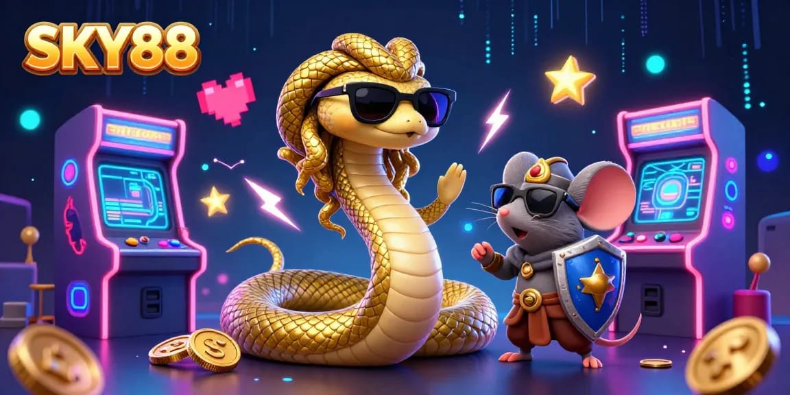 Join the excitement of SKY88 with Medusa and a warrior mouse in a vibrant casino scene.