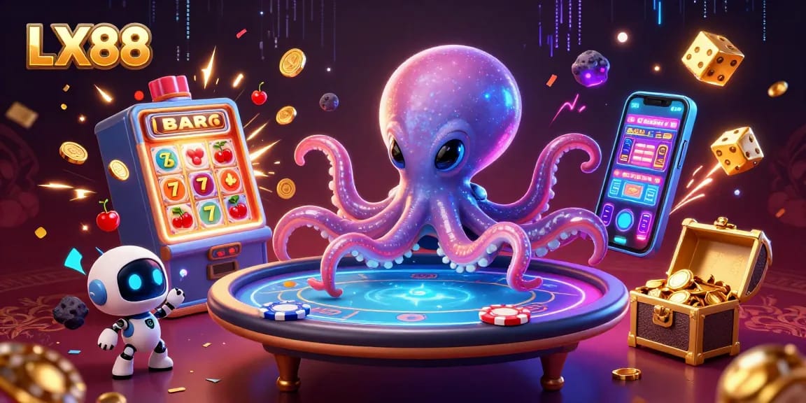 LX88 alien octopus gaming scene with vibrant slots and casino elements.