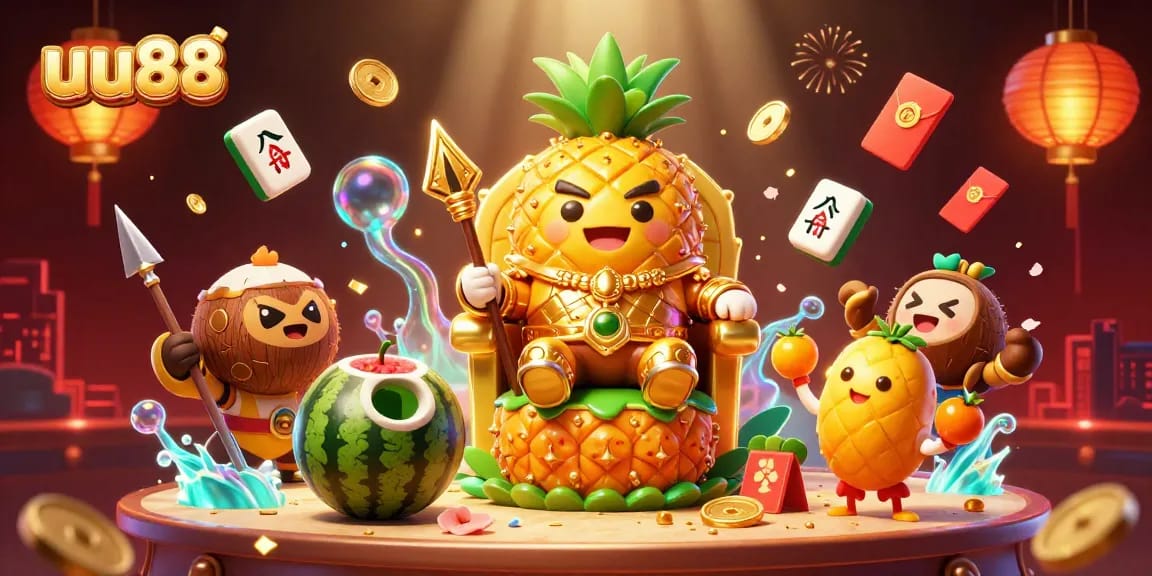 Experience exciting wins at uu88, featuring a vibrant beach casino scene with a golden pineapple king and vibrant game elements.