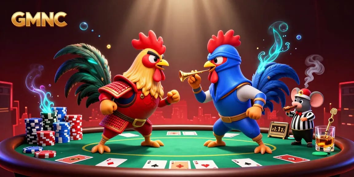 Experience epic GMNC battles with samurai and ninja roosters amidst vibrant poker elements.