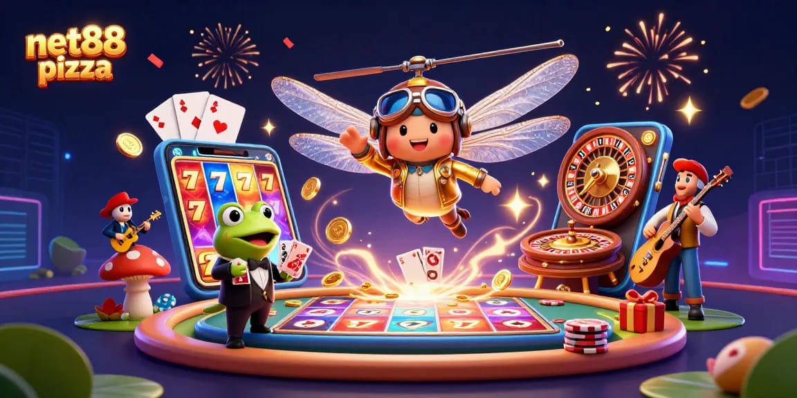 Experience thrilling moments at net88 pizza casino with a lively dragonfly pilot and frog dealer in action.