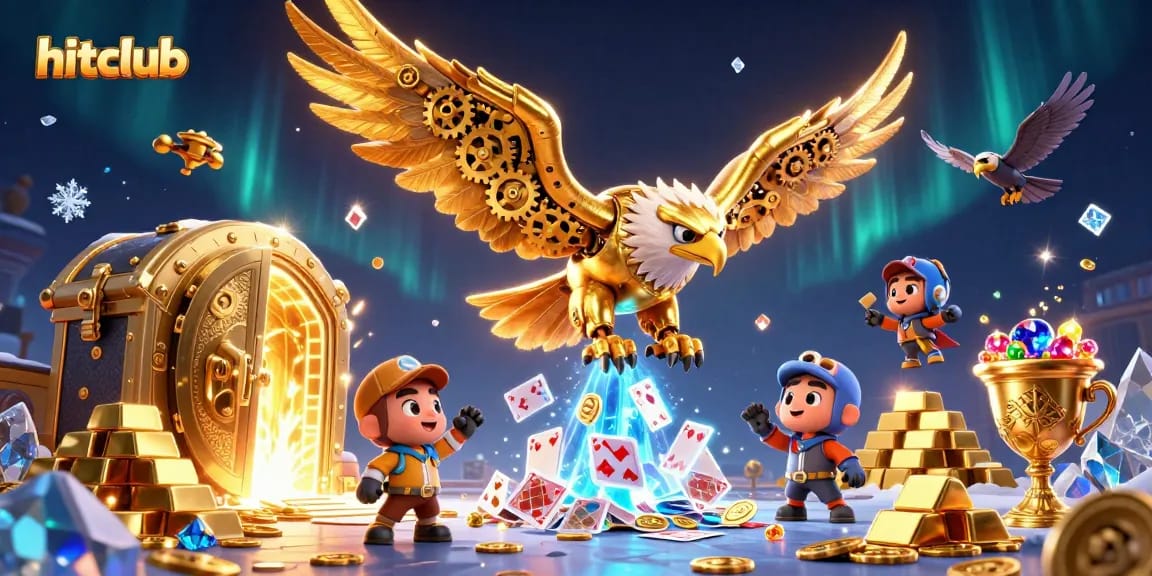 Experience the hitclub magic with a cybernetic eagle soaring through vibrant casino elements.