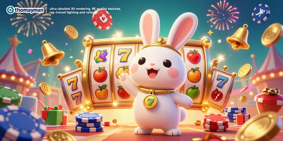 Spin and win with thomayman’s delightful slot adventure featuring a lively bunny surrounded by vibrant symbols.