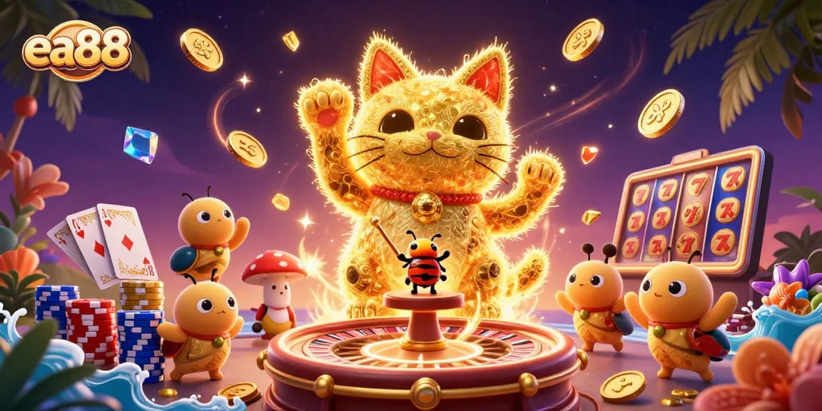 Experience celebration at ea88 with a golden lucky cat and dynamic casino symbols!