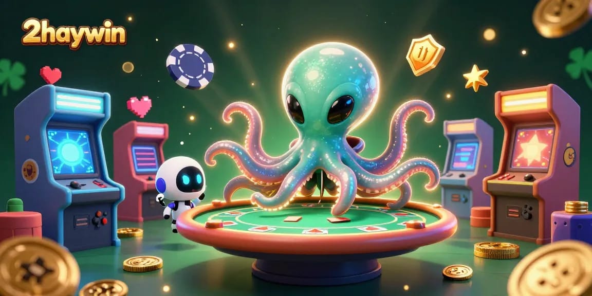 Engage with 2haywin’s vibrant gaming universe featuring an alien octopus at a holographic poker table.