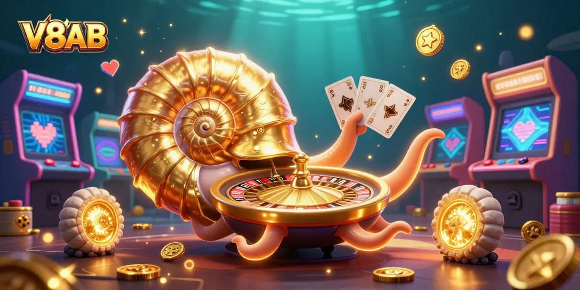 Play exciting games at V8AB with the giant nautilus and glowing companions in a vibrant casino scene.