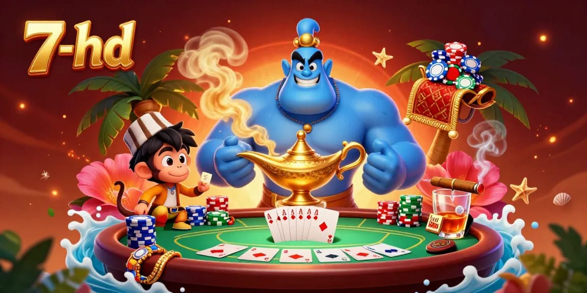 Experience thrilling gambling scenes with 7-hd, featuring a cartoon genie, poker elements, and dynamic action.