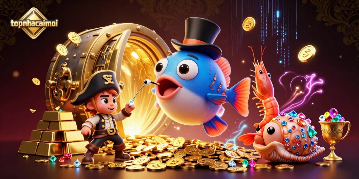 Engage with topnhacaimoi's thrilling undersea treasure hunt in a vibrant casino-themed illustration.