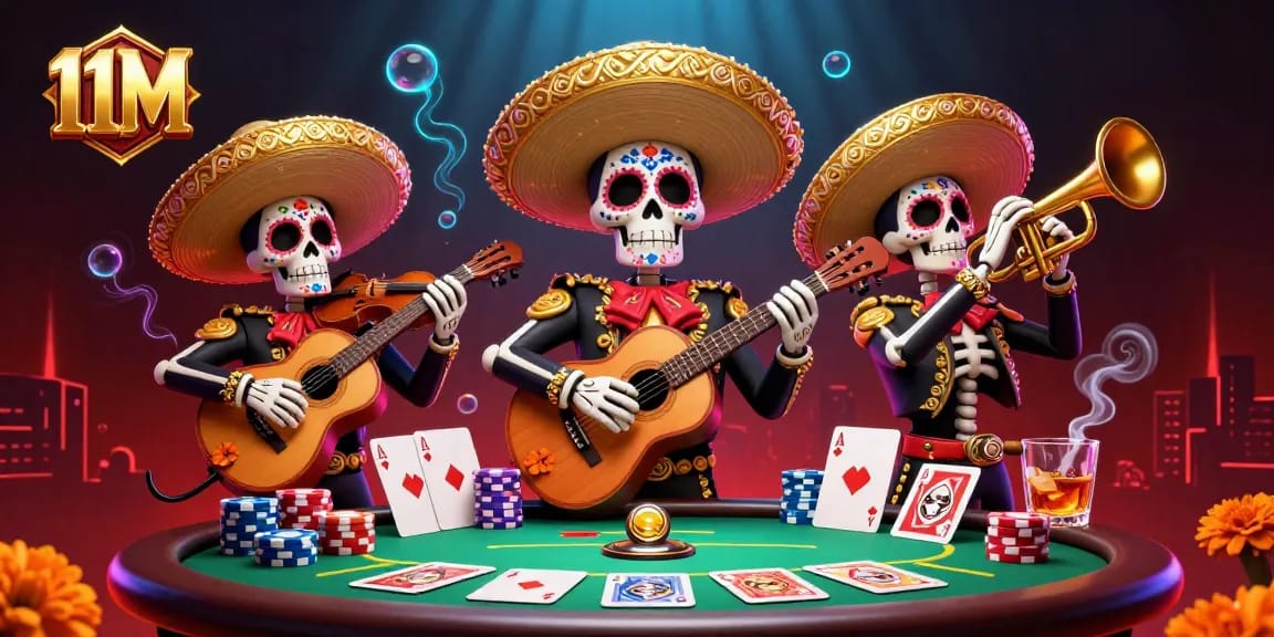 Engage with thrilling poker action at 11M featuring a vibrant mariachi band amidst poker chips.