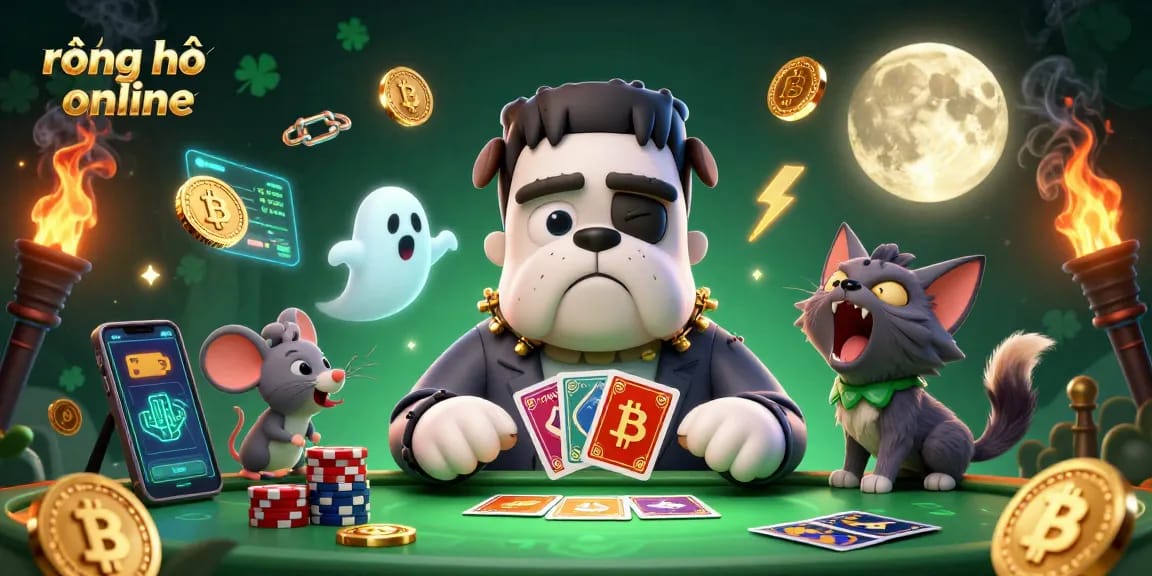 Engage in thrilling rồng hổ online action as a 3D cartoon bulldog dealer shuffles cards amidst glowing crypto coins and mystical elements.