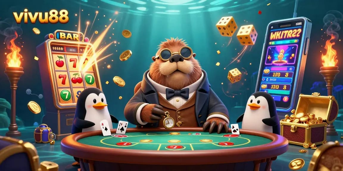 Experience thrilling wins at vivu88 with a dynamic underwater casino scene featuring vibrant characters and game elements.