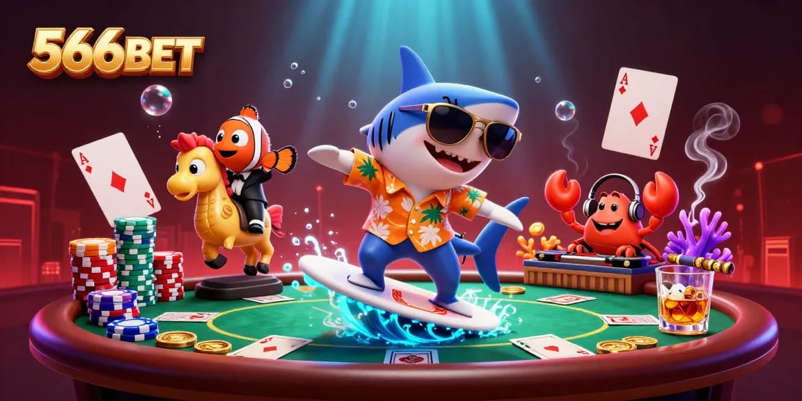 Engage with 566BET's thrilling atmosphere, featuring a playful shark amidst gold coins and poker action.