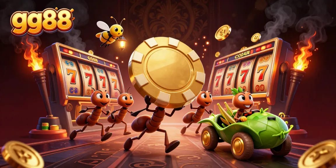 Ants in a heist carrying a golden poker chip representing gg88 in an illustrated casino scene.