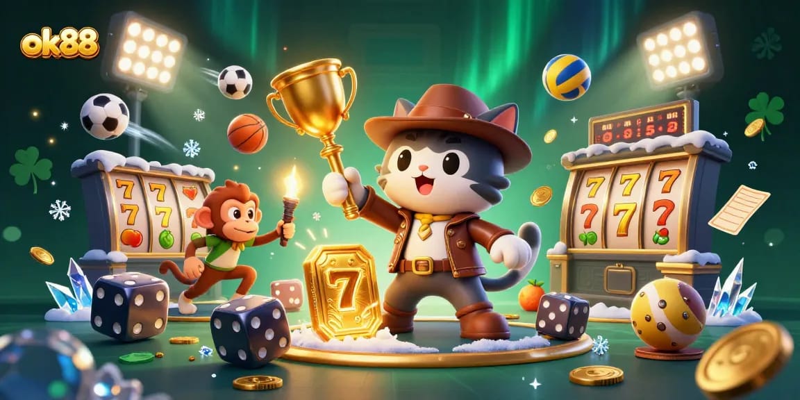 Engage in thrilling gambling adventures at ok88 with a cat archaeologist and monkey companion.
