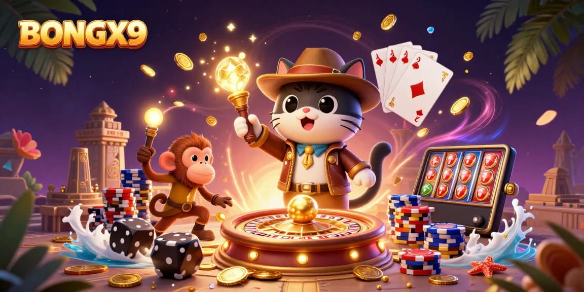 BONGX9 showcases a vibrant 3D scene with a cartoon archaeologist cat and treasures of fortune in a casino.