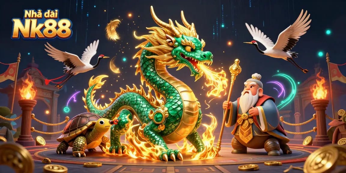 Engage with Nhà cái Nk88 through thrilling online gaming illustrated by a vibrant 3D dragon and sage.