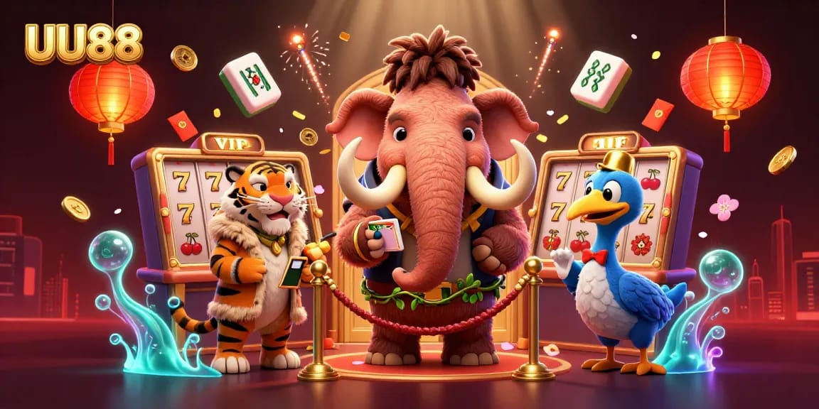 Bet on UU88 with vibrant casino characters and slot machines in a dynamic illustration