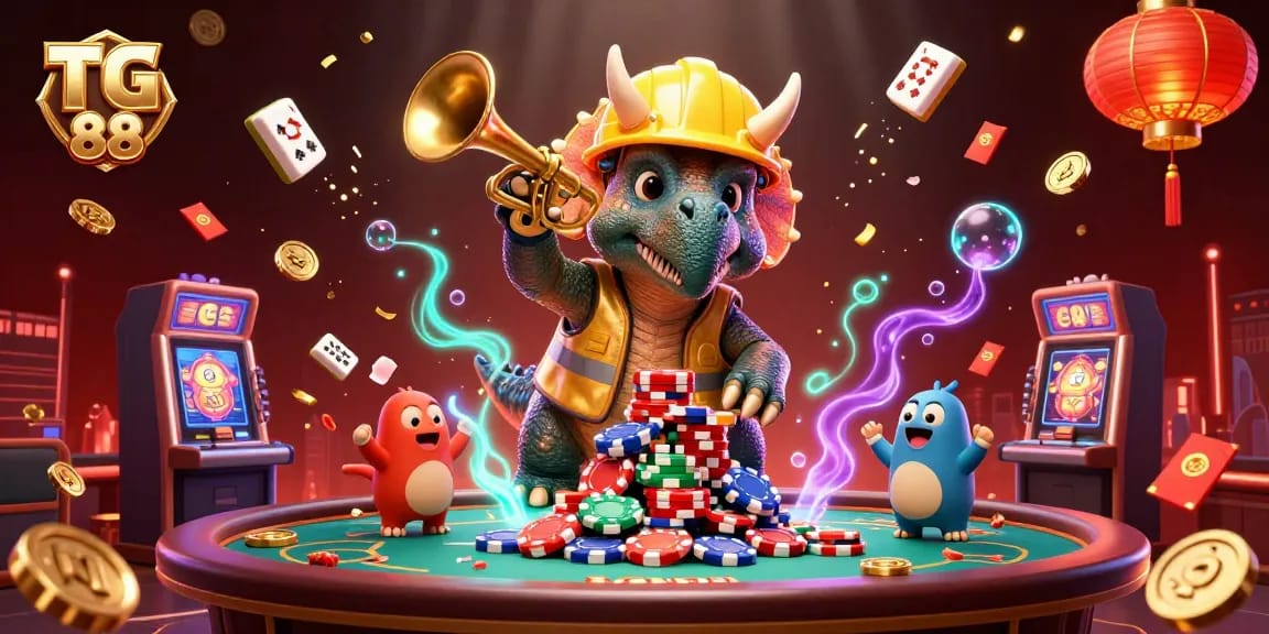 Engage with TG 88 in a vibrant casino scene featuring playful characters and rich game elements.