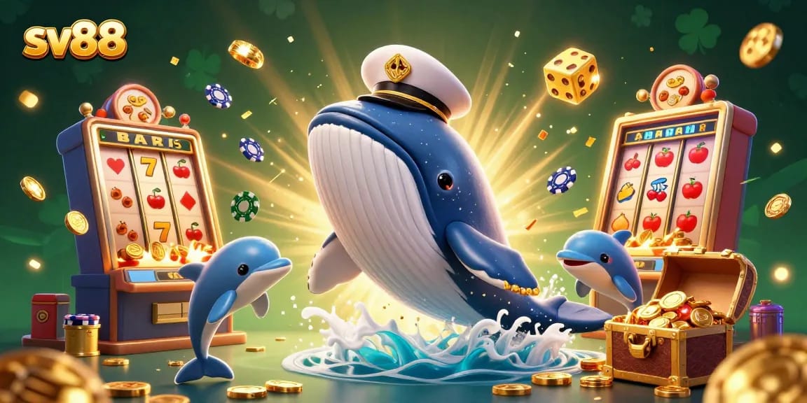 sv88 players delight in jackpot wins amidst colorful casino elements and marine characters.